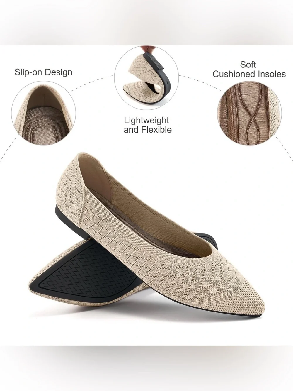 Aomigoct Women’s Size 9 Pointed Toe Knit Ballet Flats Beige Cushioned Slip On
